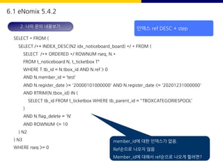 SELECT * FROM (
SELECT /*+ INDEX_DESC(N2 idx_noticeboard_board) */ * FROM (
SELECT /*+ ORDERED */ ROWNUM rseq, N.*
FROM t_noticeboard N, t_ticketbox T“
WHERE T.tb_id = N.tbox_id AND N.ref > 0
AND N.member_id = ‘test’
AND N.register_date >= '20000101000000' AND N.register_date <= '20201231000000'
AND RTRIM(N.tbox_id) IN (
SELECT tb_id FROM t_ticketbox WHERE tb_parent_id = ‘'TBOXCATEGORIESPOOL’
)
AND N.flag_delete = 'N‘
AND ROWNUM <= 10
) N2
) N3
WHERE rseq >= 0
2. 나의 문의 내용보기
member_id에 대한 인덱스가 없음.
Ref순으로 나오지 않음
Member_id에 대해서 ref순으로 나오게 할려면?
인덱스 ref DESC + step
6.1 eNomix 5.4.2
 