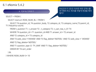 SELECT * FROM (
SELECT rownum ROW_NUM, BL.* FROM (
SELECT T4.question_id, T4.question_body, T2.category_id, T3.category_name,T3.parent_id,
T1.frequency counts
FROM t_question T1, t_answer T2 , t_category T3, t_user_top_n_01 T4
WHERE T4.question_id = T1.question_id AND T1.answer_id = T2.answer_id
AND T2.category_id = T3.category_id
AND T3.web_view ='VIEW00' AND T3.flag_delete='NOTDEL' AND T2.web_view = 'VIEW00'
AND T2.flag_delete='NOTDEL'
AND T1.question_type <> 'TY_RAR' AND T1.flag_delete='NOTDEL'
ORDER BY T4.sort_order
) BL
) WHERE ROW_NUM <= 10
4. TOP-N 가져오기
6.1 eNomix 5.4.2
FAQ건수가 5만건 이라면 어떤 인덱스를
추가해야 하고 쿼리를 어떻게 변경을 해야
할까?
 