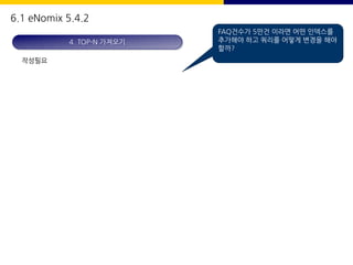 작성필요
4. TOP-N 가져오기
6.1 eNomix 5.4.2
FAQ건수가 5만건 이라면 어떤 인덱스를
추가해야 하고 쿼리를 어떻게 변경을 해야
할까?
 