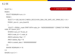 SELECT A.*
FROM (
SELECT ROWNUM rnum, A.*
FROM (
SELECT /*+ USE_NL(A B C) INDEX_DESC(A IDX_QNA_CRE_DATE_ASC_SPAM_DEL) */ A.*
FROM t_qna A, t_qna_board B,
(
SELECT * FROM t_node START WITH node_id = 'NODE0000000001' CONNECT BY PRIOR
node_id = parent_id) C
WHERE A.qna_id = B.qna_id
AND A.node_id = C.node_id
AND B.webview_flag = 'Y'
AND A.delete_flag = 'N'
AND A.created_date > '00000000000000'
) A
WHERE ROWNUM <= 10
) A
WHERE rnum >= 1
7. 전체 게시판이라면
6.2 EE
 