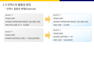 SELECT *
FROM EMP
WHERE EMPNO BETWEEN 100 AND 200
AND JOB = 'CLERK'
SELECT *
FROM EMP
WHERE EMPNO BETWEEN 100 AND 200
AND NVL(JOB,'X') = 'CLERK'
SELECT *
FROM EMP
WHERE DEPTNO || JOB = '10SALESMAN'
SELECT *
FROM EMP
WHERE DEPTNO = '10'
AND JOB = 'SALSMAN'
2.3 인덱스의 활용성 방안
- 인덱스 컬럼의 변형(External)
 