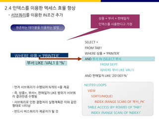 SELECT ……………………
FROM TAB1
WHERE 상품 = ‘PRINTER’
AND
AND 판매일자 LIKE
‘201001%’
부서 LIKE :VAL1 || ‘%’
COL1 + COL2 + COL3
로 구성된 인덱스 사용 가정
상품 + 부서 + 판매일자
인덱스를 사용한다고 가정
SELECT *
FROM TAB1
WHERE 상품 = ‘PRINTER’
AND 부서 IN (SELECT 부서
FROM DEPT
WHERE 부서 LIKE VAL1)
AND 판매일자 LIKE ‘201001%’
현존하는 테이블을 이용하는 방법
NESTED LOOPS
VIEW
SORT(UNIQUE)
INDEX (RANGE SCAN) OF ‘부서_PK’
TABLE ACCESS (BY ROWID) OF ‘TAB1’
INDEX (RANGE SCAN) OF ‘INDEX1’
- 먼저 서브쿼리가 수행되어 N개의 =을 제공
- 즉, 상품=, 부서=, 판매일자 LIKE 범위가 서브쿼
리 결과만큼 수행됨
- 서브쿼리로 인한 결합처리 실행계획은 이와 같은
형태로 나타남
- 반드시 버스쿼리가 제공자가 될 것
2.4 인덱스를 이용한 엑세스 효율 향상
- 서브쿼리를 이용한 IN조건 추가
 