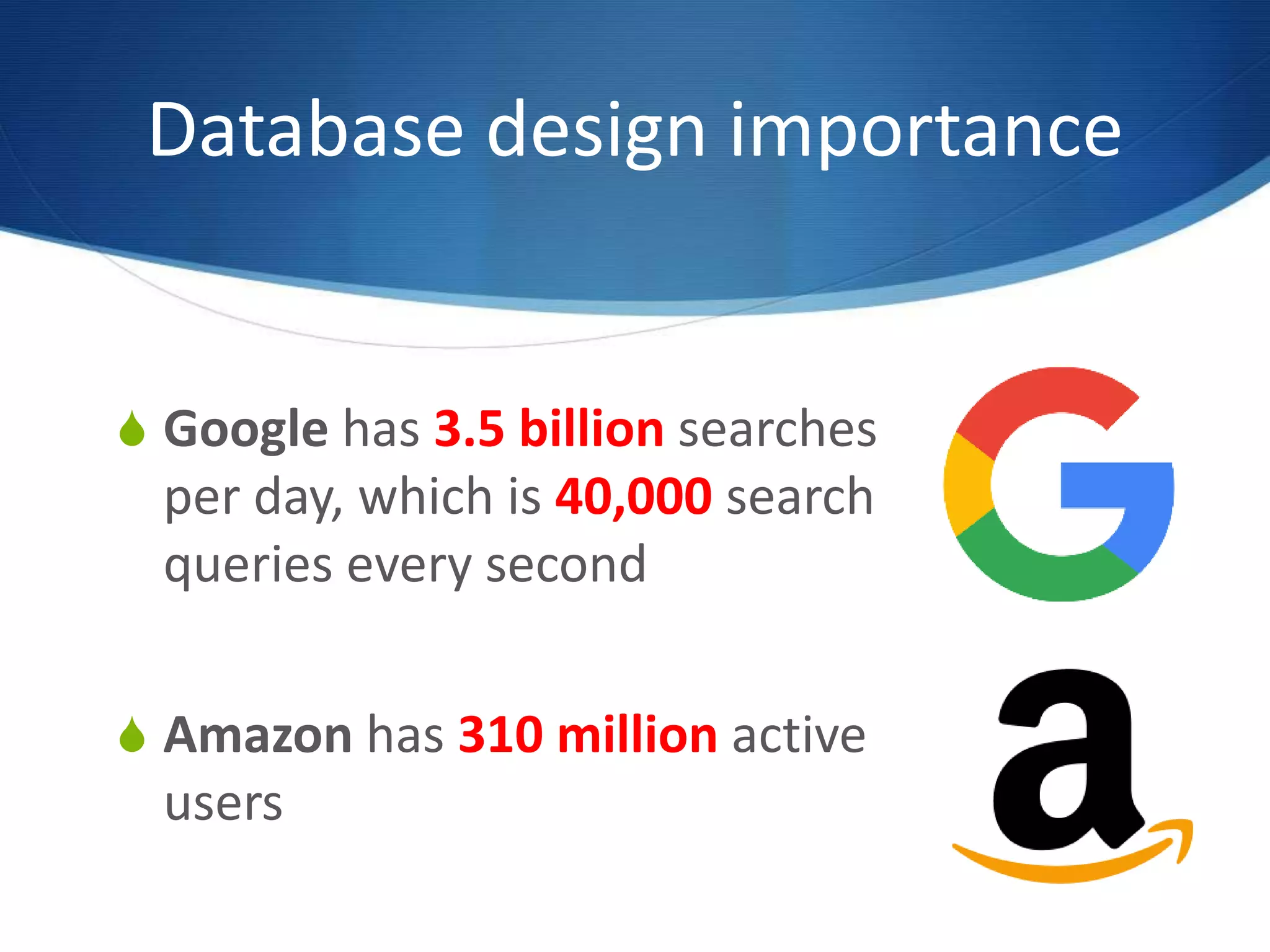 S Google has 3.5 billion searches
per day, which is 40,000 search
queries every second
S Amazon has 310 million active
users
Database design importance
 