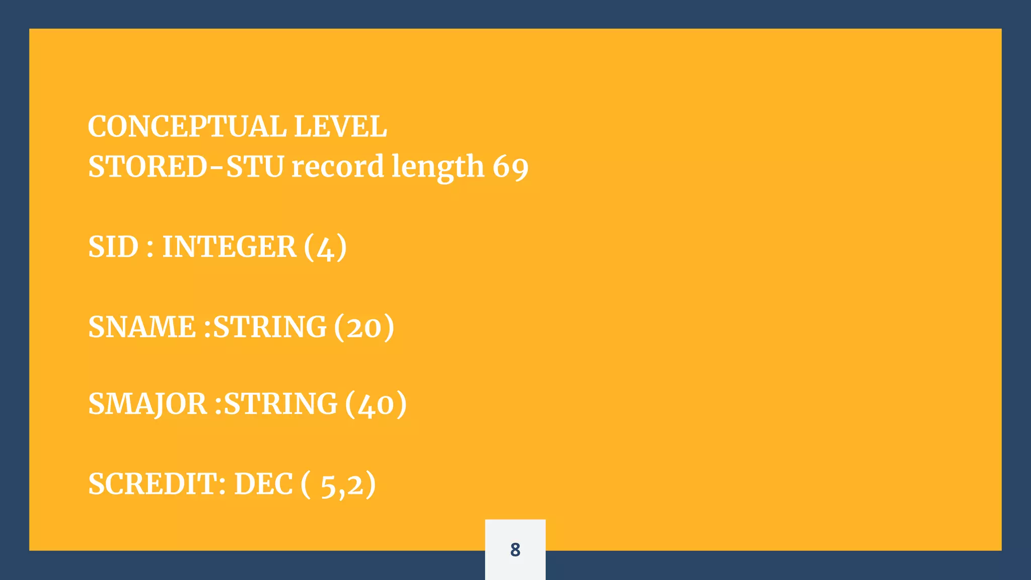 CONCEPTUAL LEVEL
STORED-STU record length 69
SID : INTEGER (4)
SNAME :STRING (20)
SMAJOR :STRING (40)
SCREDIT: DEC ( 5,2)
8
 