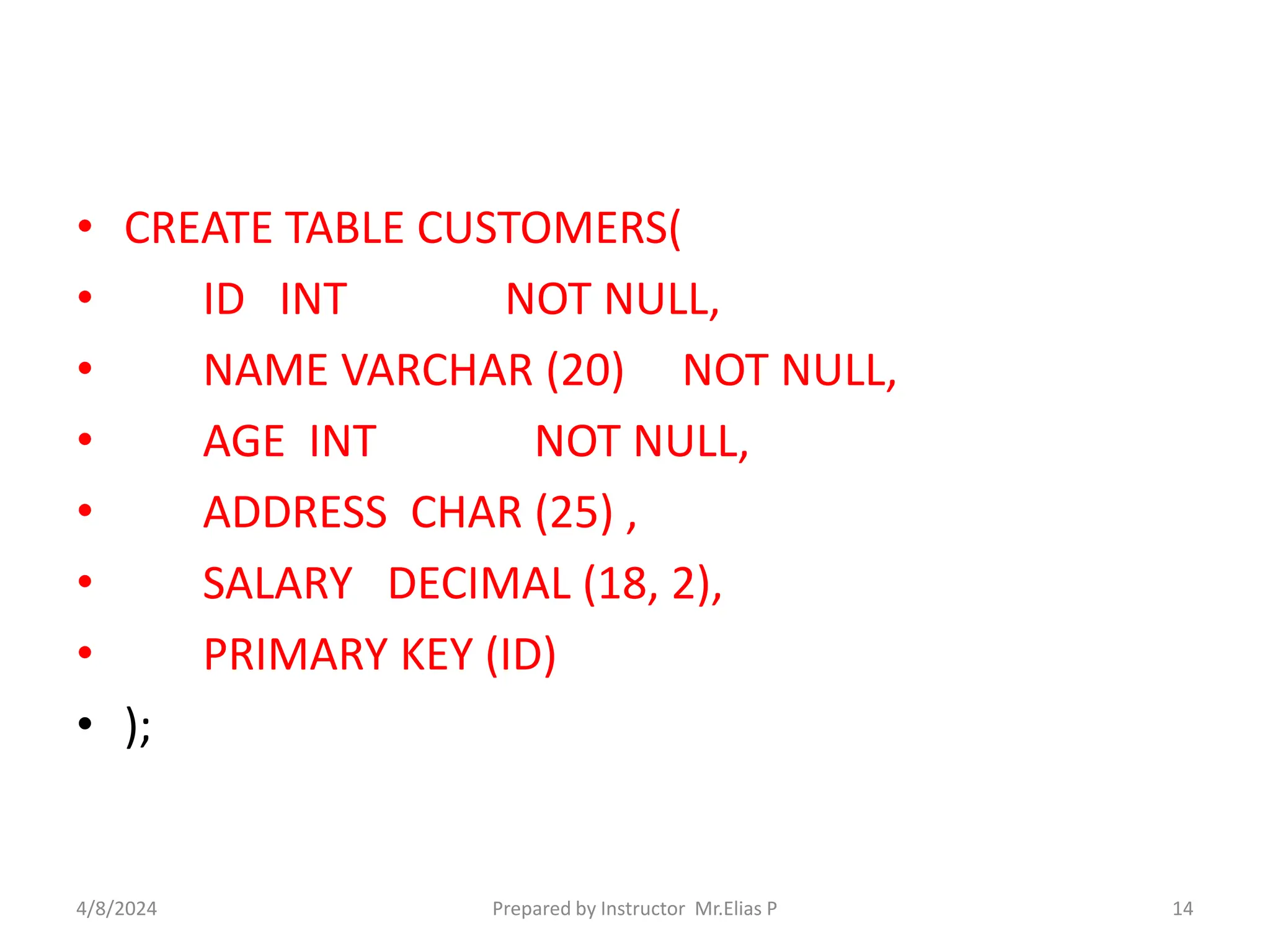 • CREATE TABLE CUSTOMERS(
• ID INT NOT NULL,
• NAME VARCHAR (20) NOT NULL,
• AGE INT NOT NULL,
• ADDRESS CHAR (25) ,
• SALARY DECIMAL (18, 2),
• PRIMARY KEY (ID)
• );
4/8/2024 Prepared by Instructor Mr.Elias P 14
 