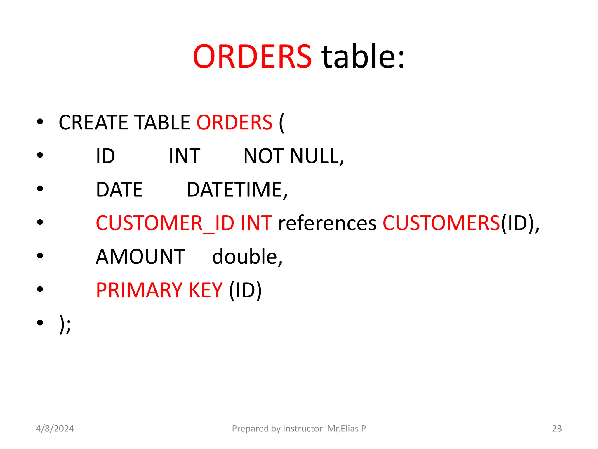 ORDERS table:
• CREATE TABLE ORDERS (
• ID INT NOT NULL,
• DATE DATETIME,
• CUSTOMER_ID INT references CUSTOMERS(ID),
• AMOUNT double,
• PRIMARY KEY (ID)
• );
4/8/2024 Prepared by Instructor Mr.Elias P 23
 