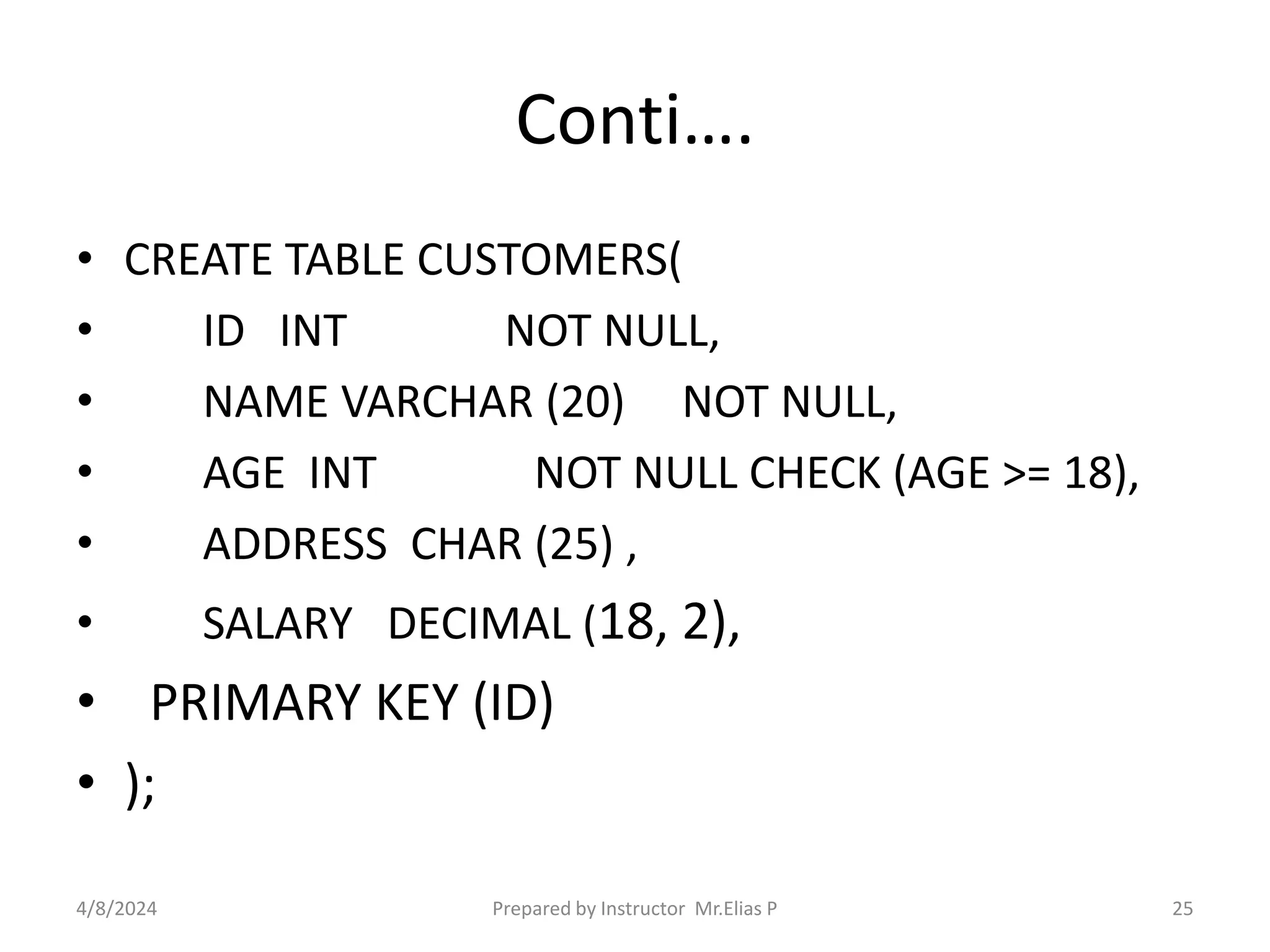 Conti….
• CREATE TABLE CUSTOMERS(
• ID INT NOT NULL,
• NAME VARCHAR (20) NOT NULL,
• AGE INT NOT NULL CHECK (AGE >= 18),
• ADDRESS CHAR (25) ,
• SALARY DECIMAL (18, 2),
• PRIMARY KEY (ID)
• );
4/8/2024 Prepared by Instructor Mr.Elias P 25
 