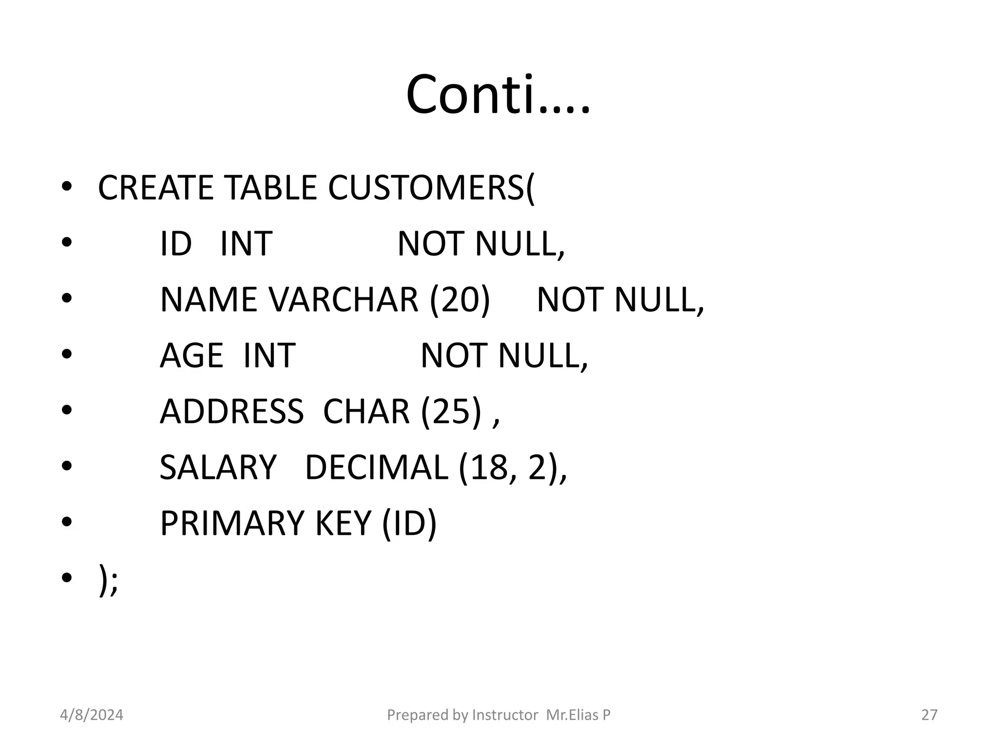 Conti….
• CREATE TABLE CUSTOMERS(
• ID INT NOT NULL,
• NAME VARCHAR (20) NOT NULL,
• AGE INT NOT NULL,
• ADDRESS CHAR (25) ,
• SALARY DECIMAL (18, 2),
• PRIMARY KEY (ID)
• );
4/8/2024 Prepared by Instructor Mr.Elias P 27
 