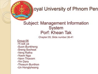 Royal University of Phnom Pen

    Subject: Management Information
                 System
             Porf: Khean Tak
               Chapter:05; Slide number:36-41
Group:06
-Yi sok ya
-Suon Bunkheng
-Sreng Socheat
-Veng Ratha
-Yoem Nga
-Vann Thavorn
-Yin Dara
-Thoeurn Bunthon
-Un Honglyheang
 