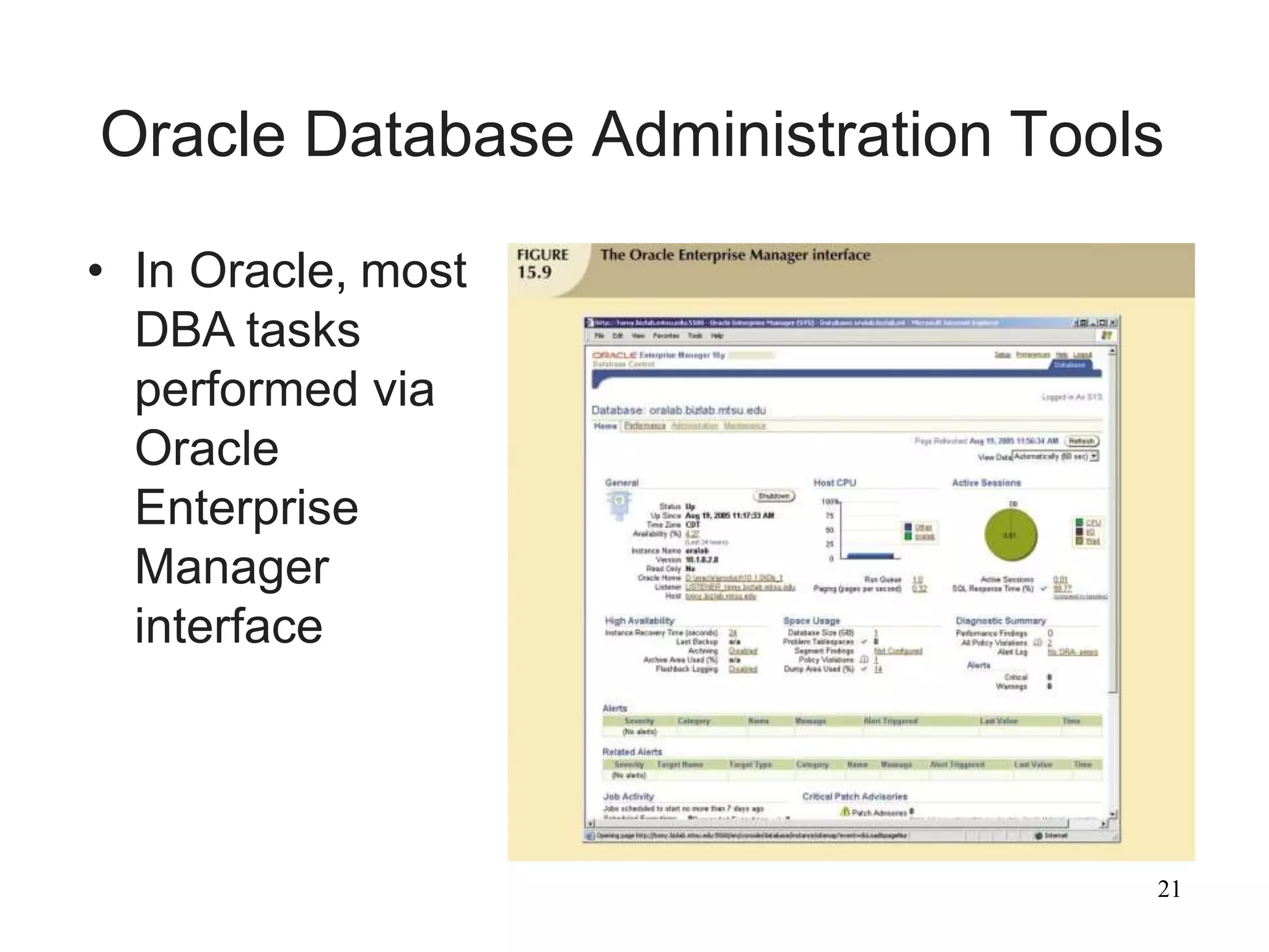 Oracle Database Administration Tools
• In Oracle, most
DBA tasks
performed via
Oracle
Enterprise
Manager
interface
21
 