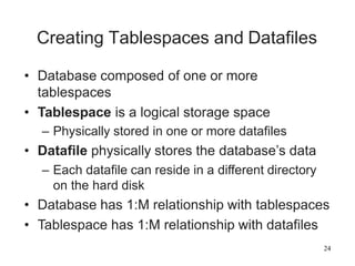 24
Creating Tablespaces and Datafiles
• Database composed of one or more
tablespaces
• Tablespace is a logical storage space
– Physically stored in one or more datafiles
• Datafile physically stores the database’s data
– Each datafile can reside in a different directory
on the hard disk
• Database has 1:M relationship with tablespaces
• Tablespace has 1:M relationship with datafiles
 