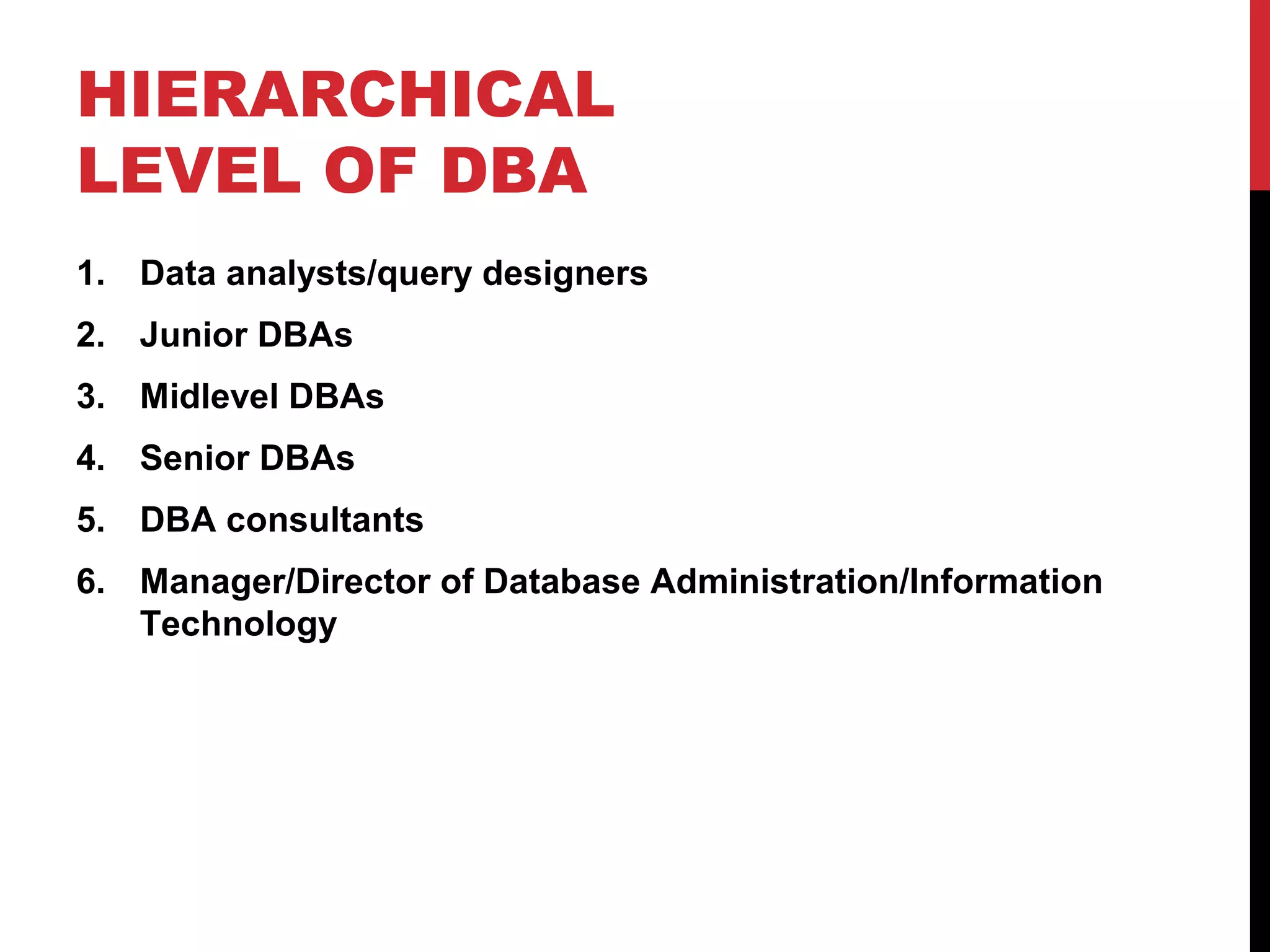 HIERARCHICAL
LEVEL OF DBA
1. Data analysts/query designers
2. Junior DBAs
3. Midlevel DBAs
4. Senior DBAs
5. DBA consultants
6. Manager/Director of Database Administration/Information
Technology

 