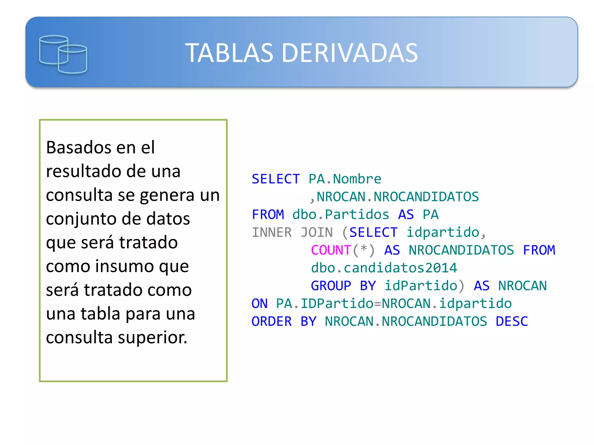 TABLAS DERIVADAS
Basados en el
resultado de una
consulta se genera un
conjunto de datos
que será tratado
como insumo que
será tratado como
una tabla para una
consulta superior.

SELECT PA.Nombre
,NROCAN.NROCANDIDATOS
FROM dbo.Partidos AS PA
INNER JOIN (SELECT idpartido,
COUNT(*) AS NROCANDIDATOS FROM
dbo.candidatos2014
GROUP BY idPartido) AS NROCAN
ON PA.IDPartido=NROCAN.idpartido
ORDER BY NROCAN.NROCANDIDATOS DESC

 
