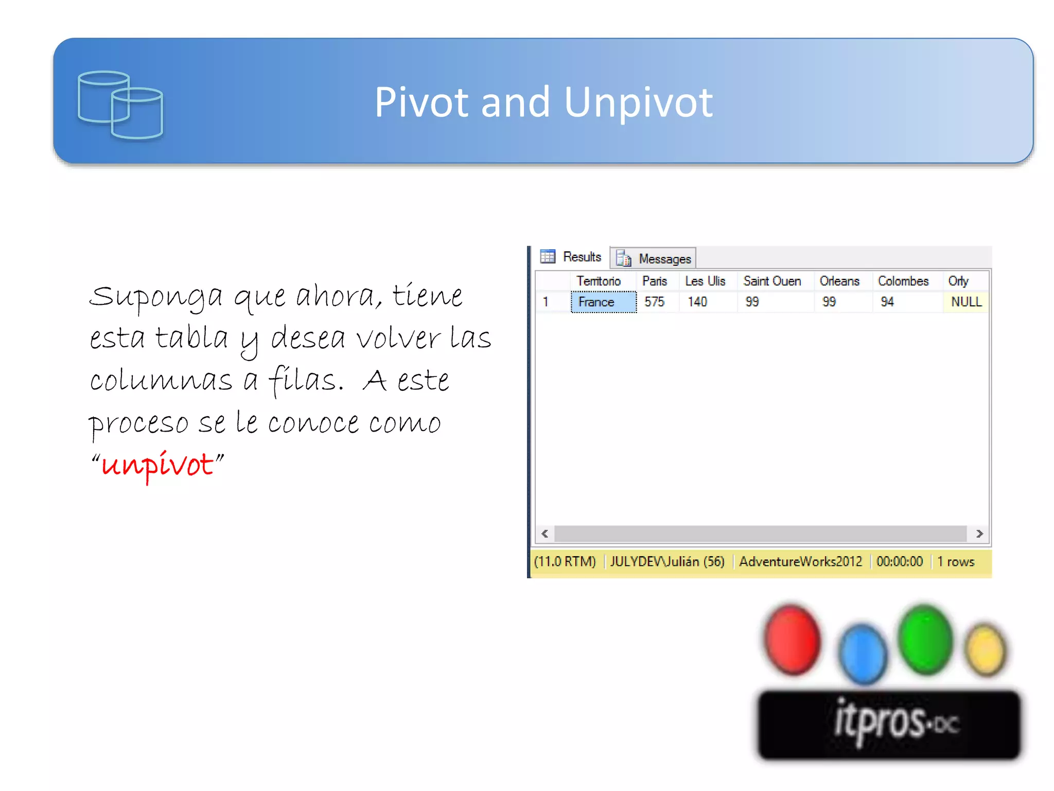 Pivot and Unpivot

Suponga que ahora, tiene
esta tabla y desea volver las
columnas a filas. A este
proceso se le conoce como
“unpivot”

 
