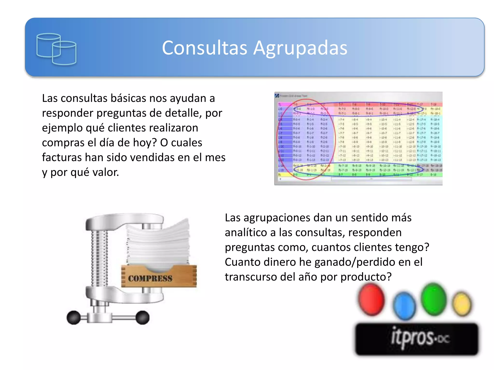 Consultas Agrupadas
Las consultas básicas nos ayudan a
responder preguntas de detalle, por
ejemplo qué clientes realizaron
compras el día de hoy? O cuales
facturas han sido vendidas en el mes
y por qué valor.

Las agrupaciones dan un sentido más
analítico a las consultas, responden
preguntas como, cuantos clientes tengo?
Cuanto dinero he ganado/perdido en el
transcurso del año por producto?

 
