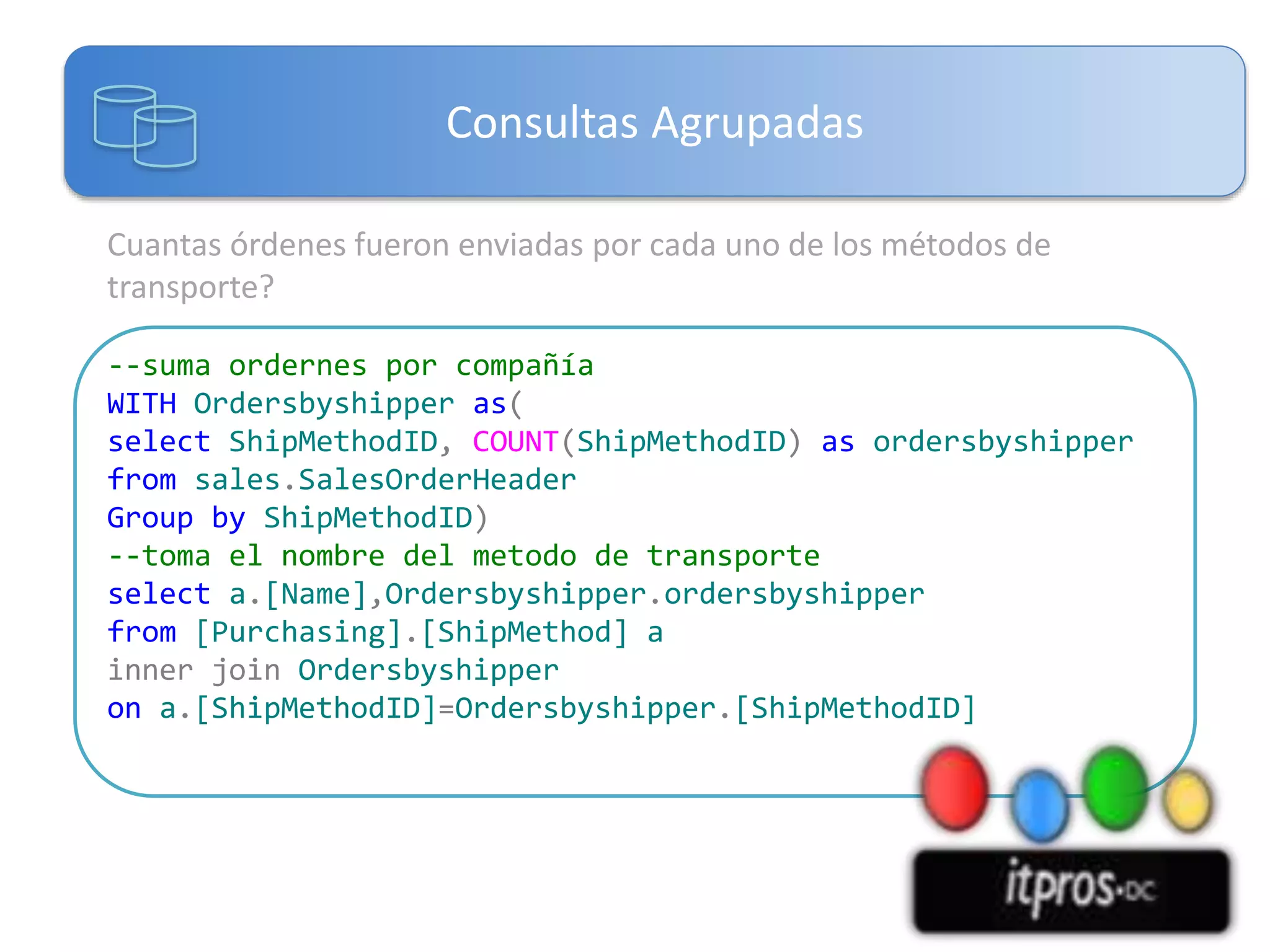 Consultas Agrupadas
Cuantas órdenes fueron enviadas por cada uno de los métodos de
transporte?
--suma ordernes por compañía
WITH Ordersbyshipper as(
select ShipMethodID, COUNT(ShipMethodID) as ordersbyshipper
from sales.SalesOrderHeader
Group by ShipMethodID)
--toma el nombre del metodo de transporte
select a.[Name],Ordersbyshipper.ordersbyshipper
from [Purchasing].[ShipMethod] a
inner join Ordersbyshipper
on a.[ShipMethodID]=Ordersbyshipper.[ShipMethodID]

 