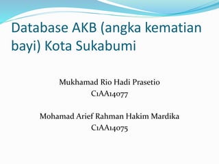 Database AKB (angka kematian
bayi) Kota Sukabumi
Mukhamad Rio Hadi Prasetio
C1AA14077
Mohamad Arief Rahman Hakim Mardika
C1AA14075
 