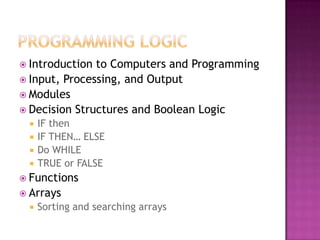  Introduction to Computers and Programming
 Input, Processing, and Output
 Modules
 Decision Structures and Boolean Logic
 IF then
 IF THEN… ELSE
 Do WHILE
 TRUE or FALSE
 Functions
 Arrays
 Sorting and searching arrays
 
