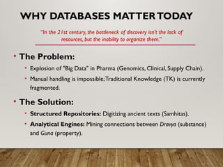 WHY DATABASES MATTERTODAY
• The Problem:
• Explosion of "Big Data" in Pharma (Genomics, Clinical, Supply Chain).
• Manual handling is impossible;Traditional Knowledge (TK) is currently
fragmented.
• The Solution:
• Structured Repositories: Digitizing ancient texts (Samhitas).
• Analytical Engines: Mining connections between Dravya (substance)
and Guna (property).
“In the 21st century, the bottleneck of discovery isn't the lack of
resources, but the inability to organize them.”
 