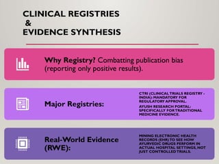 CLINICAL REGISTRIES
&
EVIDENCE SYNTHESIS
Why Registry? Combatting publication bias
(reporting only positive results).
Major Registries:
CTRI (CLINICALTRIALS REGISTRY -
INDIA): MANDATORY FOR
REGULATORY APPROVAL.
AYUSH RESEARCH PORTAL:
SPECIFICALLY FORTRADITIONAL
MEDICINE EVIDENCE.
Real-World Evidence
(RWE):
MINING ELECTRONIC HEALTH
RECORDS (EHR)TO SEE HOW
AYURVEDIC DRUGS PERFORM IN
ACTUAL HOSPITAL SETTINGS, NOT
JUST CONTROLLEDTRIALS.
 