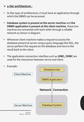 3
➢ 2-tier architecture :
• In this type of architecture, it must have an application through
which the DBMS can be accessed.
• Database system is present at the server machine and the
DBMS application is present at the client machine, these two
machine are connected with each other through a reliable
network as shown in diagram.
• Whenever client machine makes a request to access the
database present at server using a query language like SQL, the
server perform the request on the database and returns the
result back to the client.
• The application connection interface such as JDBC, ODBC are
used for the interaction between server and client.
• Example :
DatabaseUser
DBMSApplication
Client Machine
Server Machine Database System
Network Connection
Param
Source : Internet
 