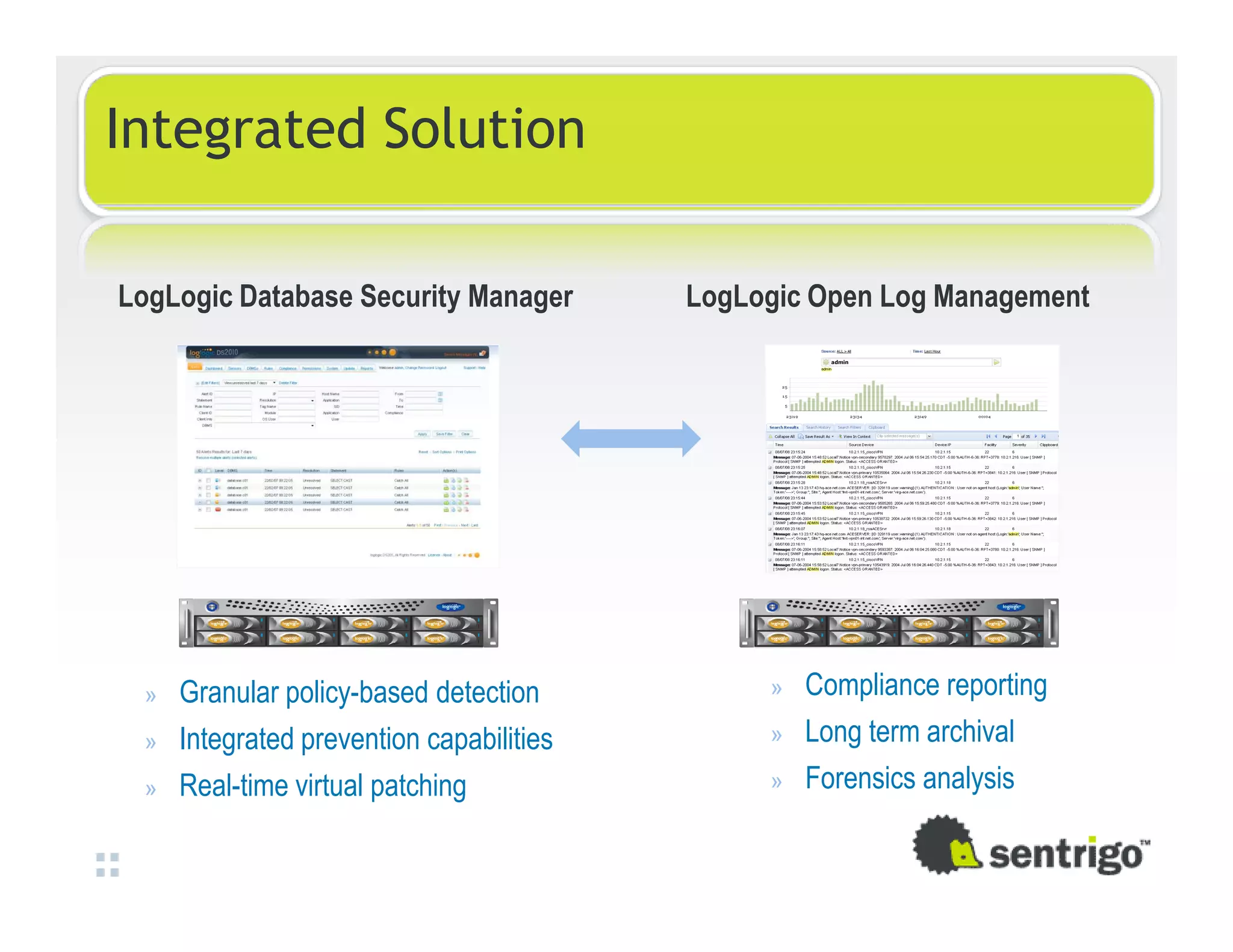 Integrated Solution LogLogic Database Security Manager LogLogic Open Log Management » Granular policy-based detection » Compliance reporting » Integrated prevention capabilities » Long term archival » Real-time virtual patching » Forensics analysis 