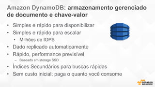 Amazon DynamoDB: armazenamento gerenciado
de documento e chave-valor
• Simples e rápido para disponibilizar
• Simples e rápido para escalar
• Milhões de IOPS
• Dado replicado automaticamente
• Rápido, performance previsível
– Baseado em storage SSD
• Índices Secundários para buscas rápidas
• Sem custo inicial; paga o quanto você consome
Amazon DynamoDB
 