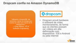 Dropcam confia no Amazon DynamoDB
• Dropcam provê hardware
e software de vídeo
monitoramento, de forma
que os clientes possam
ver vídeos em alta
definicação com
dispositivos iOS e Android
ou pela internet
“Utilizando o DynamoDB, nós
reduzimos o tempo de entrega para
eventos de vídeo para menos de 50
milesegundos.”
—Greg Nelson, VP of
Software Engineering
 