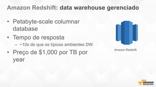 Amazon Redshift: data warehouse gerenciado
• Petabyte-scale columnar
database
• Tempo de resposta
– ~10x do que os típicos ambientes DW
• Preço de $1,000 por TB por
year
Amazon Redshift
 