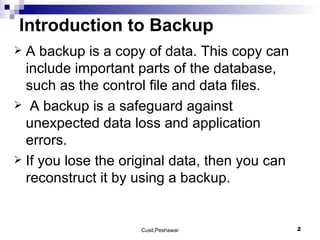 Introduction to Backup A backup is a copy of data. This copy can include important parts of the database, such as the control file and data files. A backup is a safeguard against unexpected data loss and application errors.  If you lose the original data, then you can reconstruct it by using a backup.  