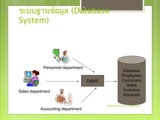 ระบบฐานขอ้มูล (Database 
System) 
-Introduction to Database- 
6 
Personnel department 
Sales department 
Accounting department 
DBMS 
Database 
Employees 
Customers 
Sales 
Inventory 
Accounts 
 