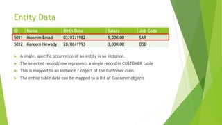 Entity Data
ID Name Birth Date Salary Job Code
5011 Moneim Emad 03/07/1982 5,000.00 SAR
5012 Kareem Hewady 28/06/1993 3,000.00 OSD
 A single, specific occurrence of an entity is an instance.
 The selected record/row represents a single record in CUSTOMER table
 This is mapped to an instance / object of the Customer class
 The entire table data can be mapped to a list of Customer objects
 