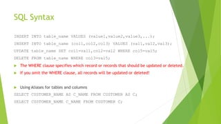 SQL Syntax
INSERT INTO table_name VALUES (value1,value2,value3,...);
INSERT INTO table_name (col1,col2,col3) VALUES (val1,val2,val3);
UPDATE table_name SET col1=val1,col2=val2 WHERE col5=val5;
DELETE FROM table_name WHERE col3=val5;
 The WHERE clause specifies which record or records that should be updated or deleted.
 If you omit the WHERE clause, all records will be updated or deleted!
 Using Aliases for tables and columns
SELECT CUSTOMER_NAME AS C_NAME FROM CUSTOMER AS C;
SELECT CUSTOMER_NAME C_NAME FROM CUSTOMER C;
 