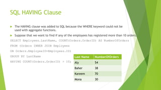 SQL HAVING Clause
 The HAVING clause was added to SQL because the WHERE keyword could not be
used with aggregate functions.
 Suppose that we want to find if any of the employees has registered more than 10 orders.
SELECT Employees.LastName, COUNT(Orders.OrderID) AS NumberOfOrders
FROM (Orders INNER JOIN Employees
ON Orders.EmployeeID=Employees.ID)
GROUP BY LastName
HAVING COUNT(Orders.OrderID) > 10;
Last Name NumberOfOrders
Aly 54
Baher 38
Kareem 70
Mona 30
 