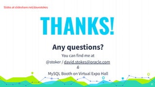 THANKS!
Any questions?
You can find me at
@stoker / david.stokes@oracle.com
&
MySQL Booth on Virtual Expo Hall
27
Slides at slideshare.net/davestokes
 