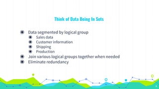 Think of Data Being In Sets
◉ Data segmented by logical group
◉ Sales data
◉ Customer information
◉ Shipping
◉ Production
◉ Join various logical groups together when needed
◉ Eliminate redundancy
6
 