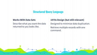 Works With Data Sets
Describe what you want the data
returned to you looks like.
Structured Query Language
1970s Design (but still relevant)
Designed to minimize data duplication.
Retrieve multiple records with one
command.
7
 