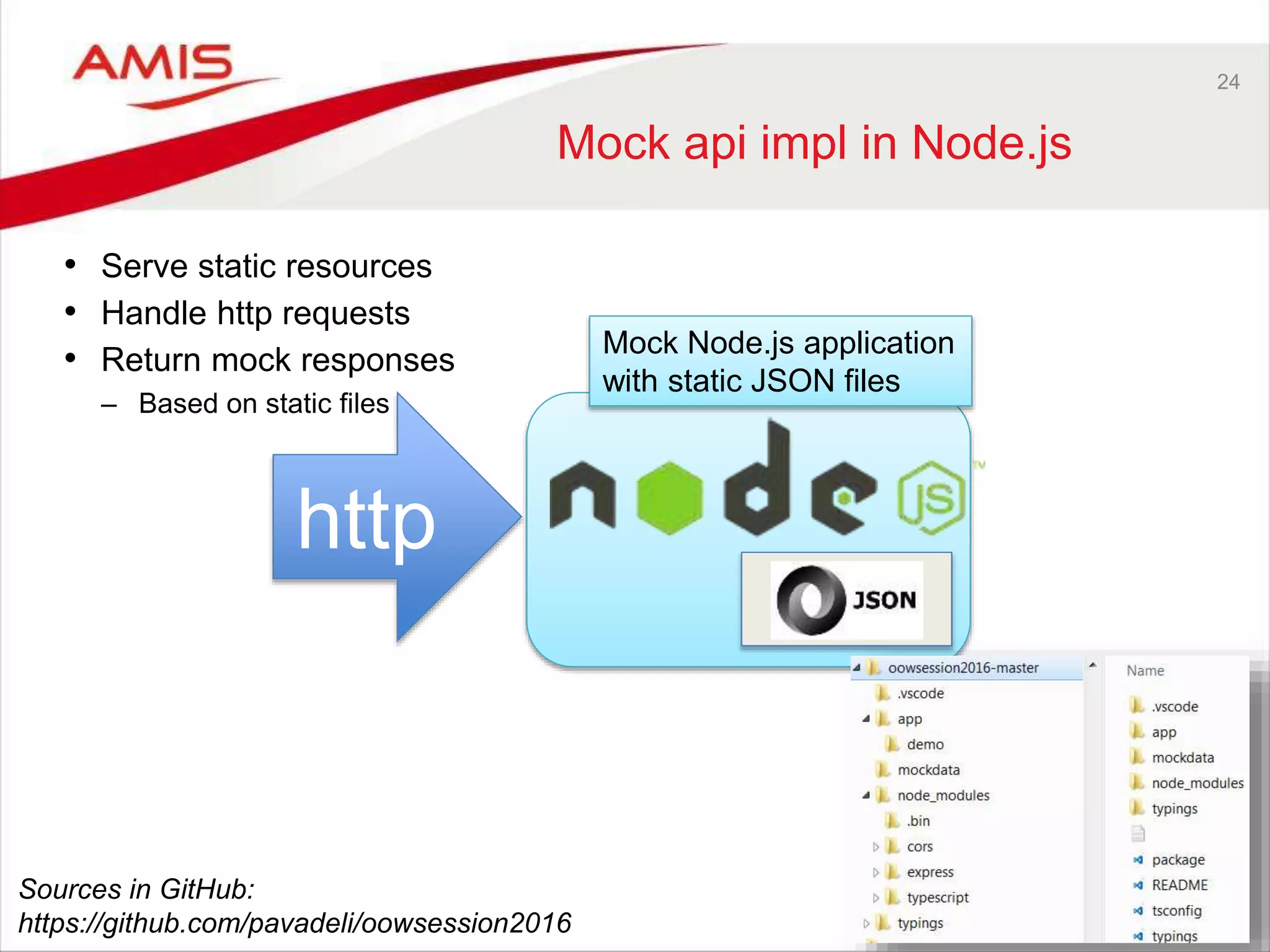 24
Mock api impl in Node.js
• Serve static resources
• Handle http requests
• Return mock responses
– Based on static files
http
Mock Node.js application
with static JSON files
Sources in GitHub:
https://github.com/pavadeli/oowsession2016
 