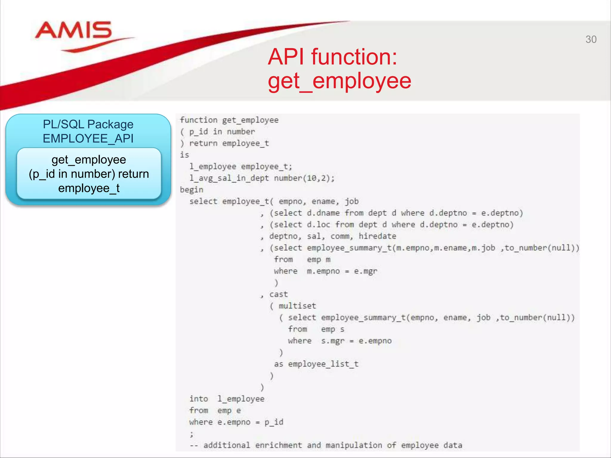 30
API function:
get_employee
PL/SQL Package
EMPLOYEE_API
get_employee
(p_id in number) return
employee_t
 