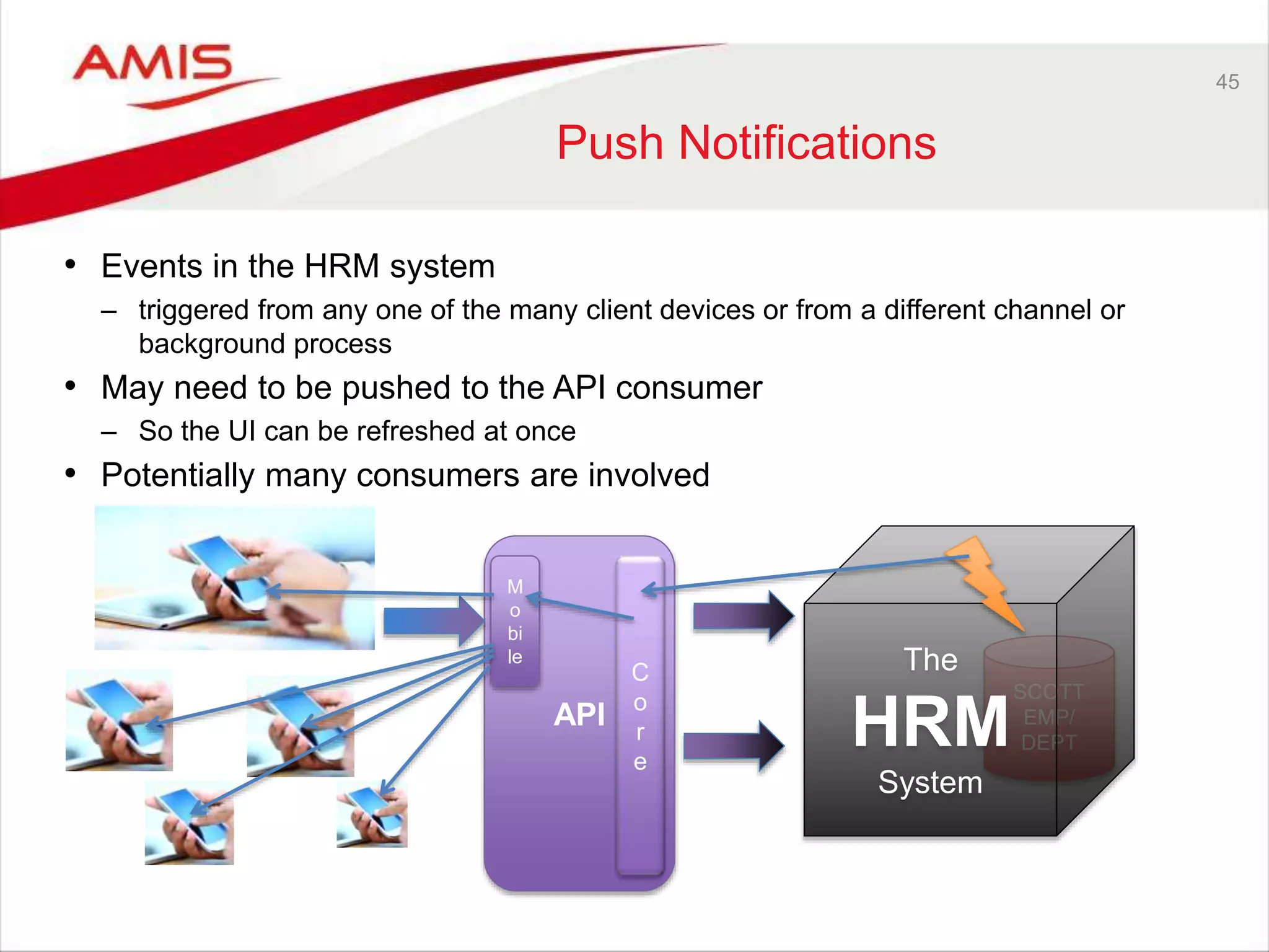 45
Push Notifications
• Events in the HRM system
– triggered from any one of the many client devices or from a different channel or
background process
• May need to be pushed to the API consumer
– So the UI can be refreshed at once
• Potentially many consumers are involved
SCOTT
EMP/
DEPT
The
HRM
System
API
C
o
r
e
M
o
bi
le
 