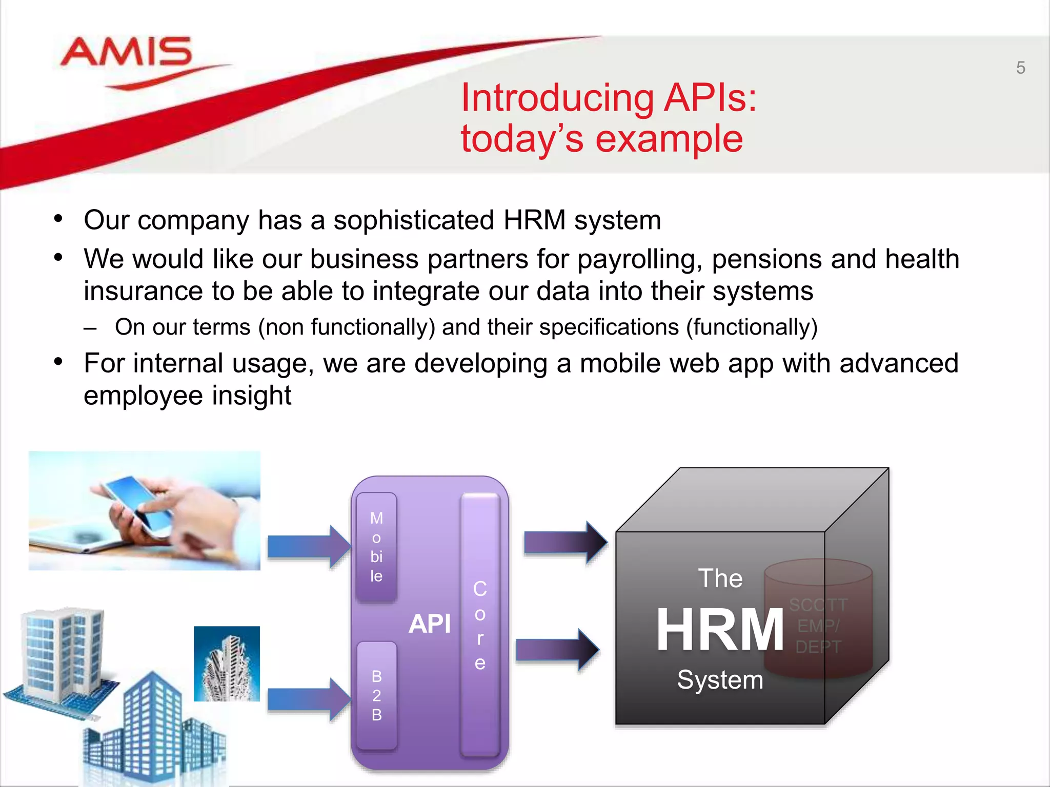 SCOTT
EMP/
DEPT
5
Introducing APIs:
today’s example
• Our company has a sophisticated HRM system
• We would like our business partners for payrolling, pensions and health
insurance to be able to integrate our data into their systems
– On our terms (non functionally) and their specifications (functionally)
• For internal usage, we are developing a mobile web app with advanced
employee insight
The
HRM
System
API
C
o
r
e
M
o
bi
le
B
2
B
 