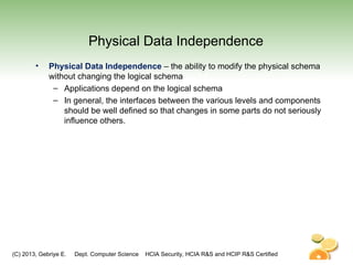 (C) 2013, Gebriye E. Dept. Computer Science HCIA Security, HCIA R&S and HCIP R&S Certified
Physical Data Independence
• Physical Data Independence – the ability to modify the physical schema
without changing the logical schema
– Applications depend on the logical schema
– In general, the interfaces between the various levels and components
should be well defined so that changes in some parts do not seriously
influence others.
 