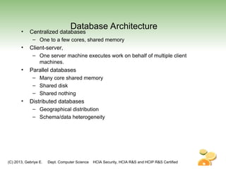 (C) 2013, Gebriye E. Dept. Computer Science HCIA Security, HCIA R&S and HCIP R&S Certified
Database Architecture
• Centralized databases
– One to a few cores, shared memory
• Client-server,
– One server machine executes work on behalf of multiple client
machines.
• Parallel databases
– Many core shared memory
– Shared disk
– Shared nothing
• Distributed databases
– Geographical distribution
– Schema/data heterogeneity
 