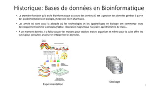 Historique: Bases de données en Bioinformatique
• La première fonction qu’a eu la Bioinformatique au cours des années 80 est la gestion des données générer à partir
des expérimentations en biologie, médecine et en pharmacie.
• Les année 80 sont aussi la période où les technologies et les appareillages en biologie ont commencé leurs
développement comme la cristallographie, résonance magnétique nucléaire, spectrométrie de mass…
• A un moment donnée, il a fallu trouver les moyens pour stocker, traiter, organiser et même pour la suite offrir les
outils pour consulter, analyser et interpréter les données.
2Expérimentation
Stockage
 