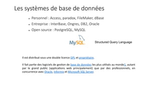 ● Personnel : Access, paradox, FileMaker, dBase
● Entreprise : InterBase, Ongres, DB2, Oracle
● Open source : PostgreSQL, MySQL
Il est distribué sous une double licence GPL et propriétaire.
Il fait par8e des logiciels de ges8on de base de données les plus u8lisés au monde1, autant
par le grand public (applica8ons web principalement) que par des professionnels, en
concurrence avec Oracle, Informix et MicrosoE SQL Server.
Structured Query Language
Les systèmes de base de données
 