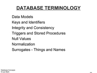 DATABASE TERMINOLOGY
             Data Models
             Keys and Identifiers
             Integrity and Consistency
             Triggers and Stored Procedures
             Null Values
             Normalization
             Surrogates - Things and Names




Database Concepts
© Leo Mark
 