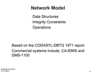 Network Model
                        Data Structures
                        Integrity Constraints
                        Operations



             Based on the CODASYL-DBTG 1971 report
             Commercial systems include, CA-IDMS and
             DMS-1100


Database Concepts
© Leo Mark
 
