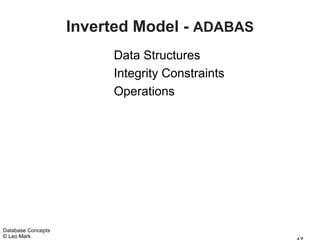 Inverted Model - ADABAS
                         Data Structures
                         Integrity Constraints
                         Operations




Database Concepts
© Leo Mark
 