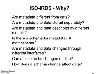 ISO-IRDS - Why?
             Are metadata different from data?
             Are metadata and data stored separately?
             Are metadata and data described by different
             models?
             Is there a schema for metadata? A
             metaschema?
             Are metadata and data changed through
             different interfaces?
             Can a schema be changed on-line?
             How does a schema change affect data?
Database Concepts
© Leo Mark
 