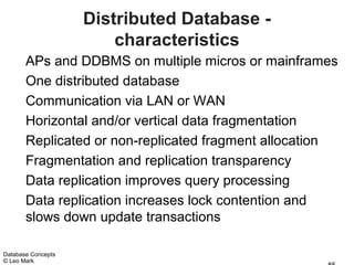 Distributed Database -
                        characteristics
       APs and DDBMS on multiple micros or mainframes
       One distributed database
       Communication via LAN or WAN
       Horizontal and/or vertical data fragmentation
       Replicated or non-replicated fragment allocation
       Fragmentation and replication transparency
       Data replication improves query processing
       Data replication increases lock contention and
       slows down update transactions

Database Concepts
© Leo Mark
 